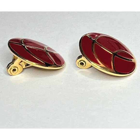 Vintage Monet Red Enamel & Gold Round Clip-On Earrings - Picture 4 of 7